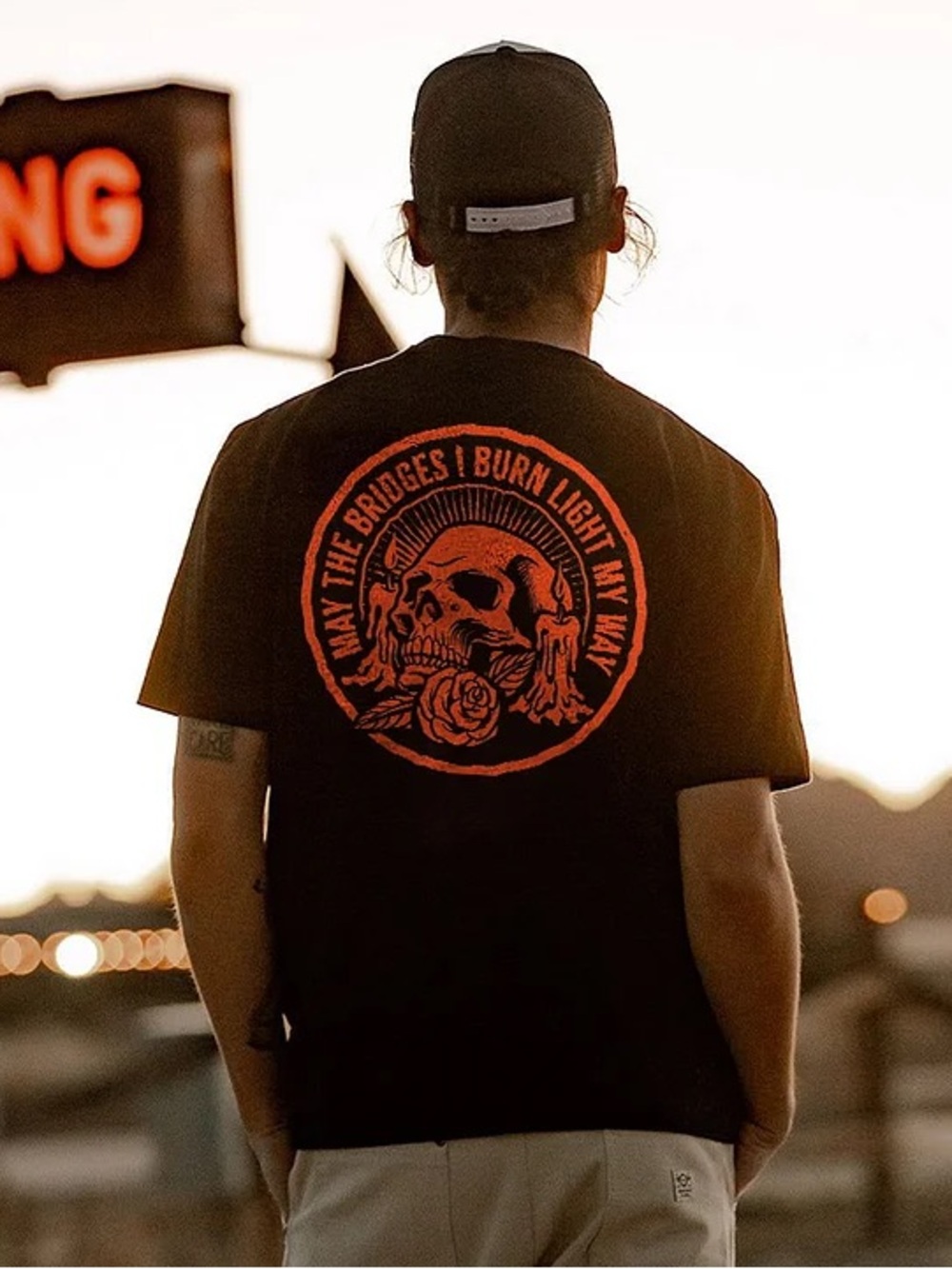 Men's Black Graphic “May The Bridges I Burn Light My Way” Skull T-Shirt